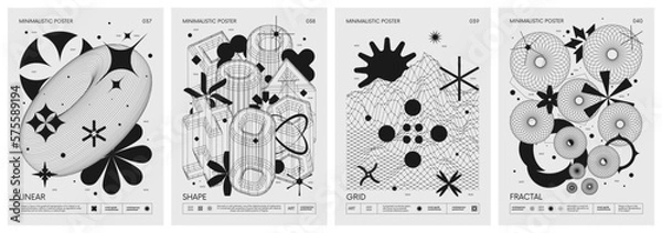 Fototapeta Futurystyczny retro wektor minimalistyczne plakaty z dziwnymi szkieletami graficznymi aktywów geometrycznych Nowoczesne design inspirowane brutalizmem i sylwetką podstawowe figurki, zestaw 10