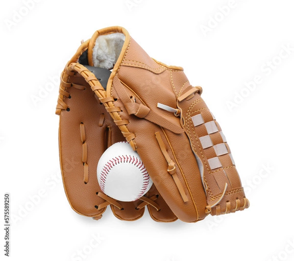Obraz Leather baseball glove with ball isolated on white, top view