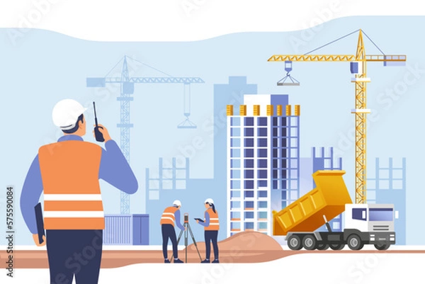 Obraz Construction site. Building work process with houses and construction machines. Surveyor engineers with equipment, theodolite or total positioning station. Vector illustration.