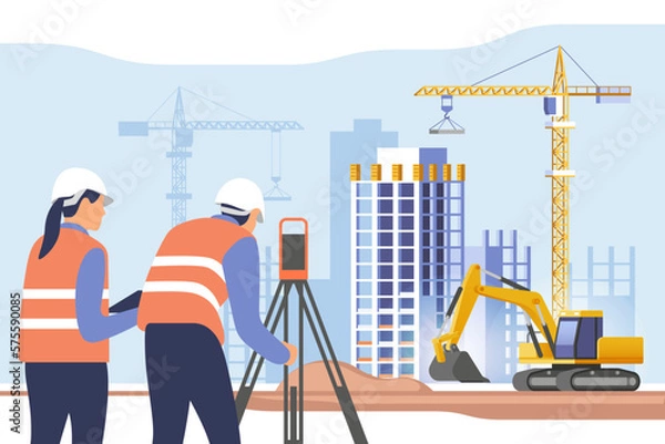 Obraz Construction site. Building work process with houses and construction machines. Surveyor engineers with equipment, theodolite or total positioning station. Vector illustration.
