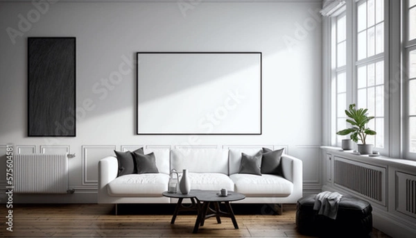 Fototapeta White Blank Canvas Art Mockup in Modern Living Room - Generative AI