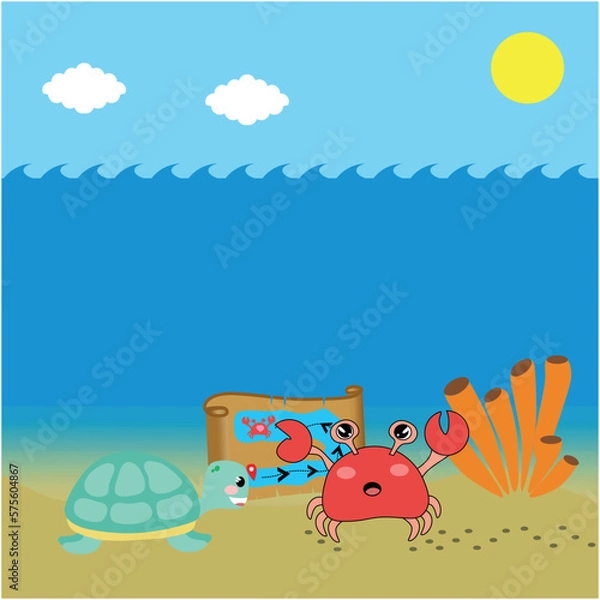 Fototapeta Turtle and Crab with a Map under the Sea Illustration