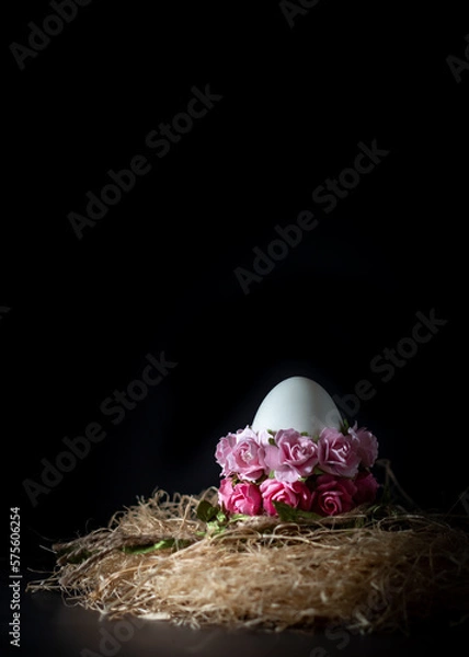 Fototapeta Easter egg in nest with pink roses on black background, copy space
