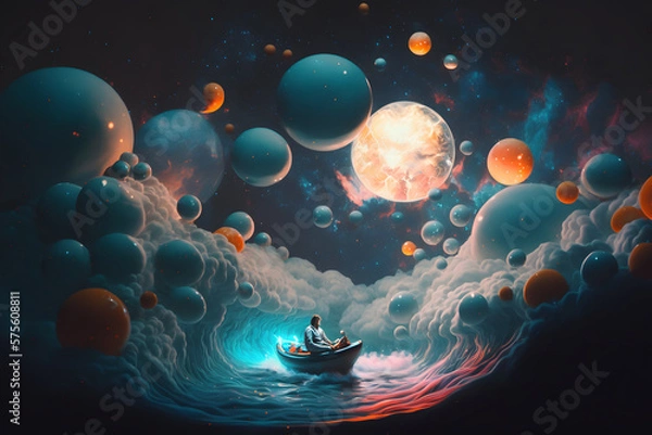 Fototapeta Girl floating in the cosmic ocean the sense of memory dominates, made with Generative AI