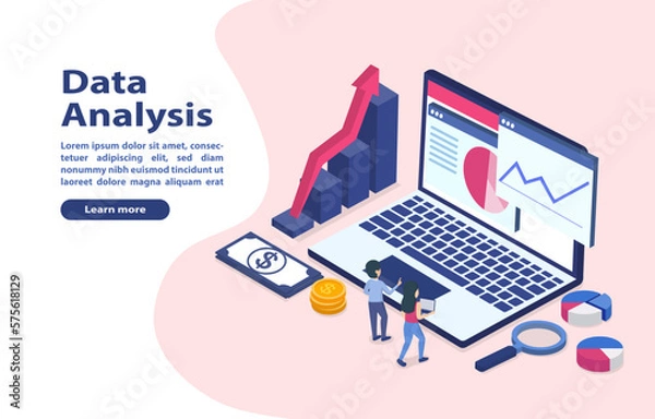 Fototapeta Two businessmen stand in front of the computer screen and analyze data. Online information, investment, financial technology. 3D vector illustration.
