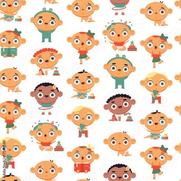 Obraz Cute baby vector cartoon seamless pattern on a white background.
