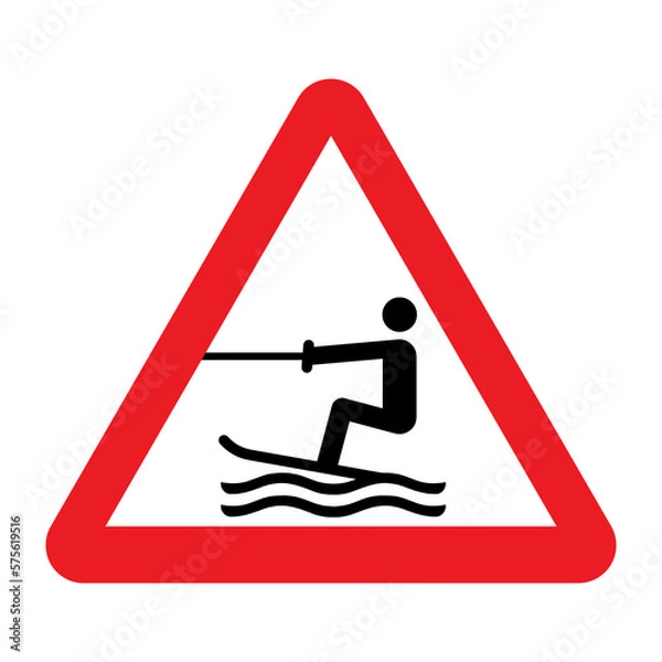 Fototapeta Water skiing sign. Vector illustration of red triangle warning sign with man on water skiing icon inside. Water sports , wakeboarding, banana craft. Towed water activity area.
