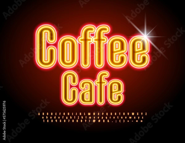 Fototapeta Vector neon Signboard Coffee Cafe. Bright Electric Font. Modern Alphabet Letters, Numbers and Symbols set
