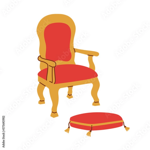 Fototapeta Red throne chair with foot pillow vector illustration. Ancient Kings сhair isolated on white background