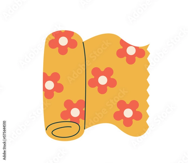 Fototapeta Roll of cloth with flowers pattern doodle clip art. Textile material for sewing and design canvas hand drawn illustration. Atelier, handmade studio sewing item, craft accessories