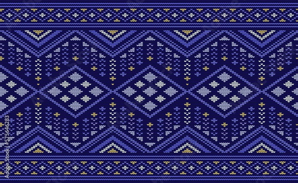 Fototapeta Knitted ethnic pattern, Vector cross stitch oriental background, Embroidery retro jacquard style, Purple pattern square native, Design for textile, fabric, carpet, rug, fibres