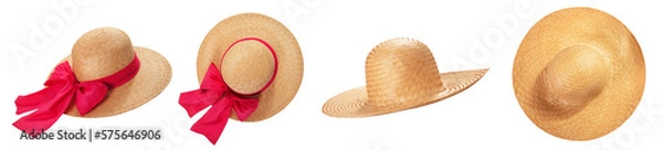 Obraz Pretty straw hats with ribbon and bow on white background. Beach hat top view isolated set