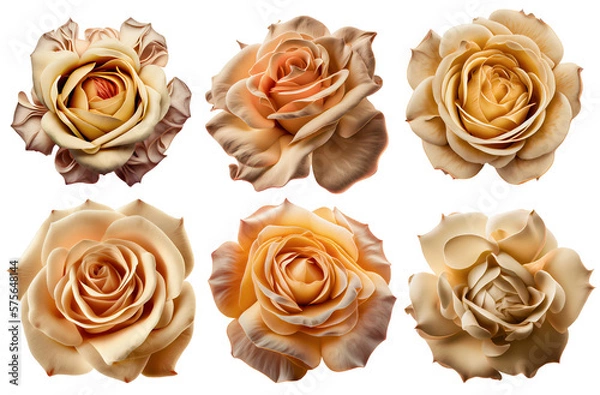 Fototapeta Assorted beige and champagne colored  roses on transparent PNG background. Created with Generative AI.