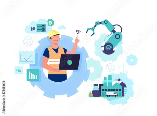 Obraz working people with clever device for workflow of industry 4.0
