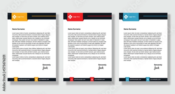 Fototapeta Creative and simple business letterhead template design with 3 different color options corporate letterhead