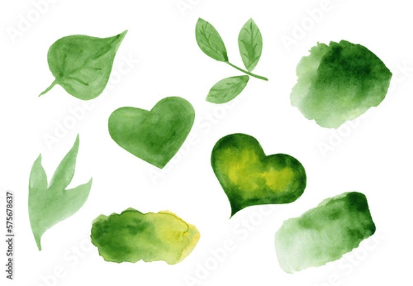Fototapeta Set spring elements painted in watercolor on a white background. Illustration green Heart, Leaves, Spots
