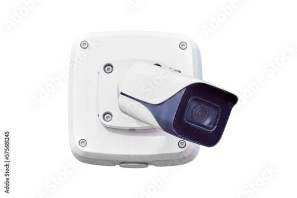 Fototapeta Video surveillance camera on the building, monitoring the security, isolated on a white background