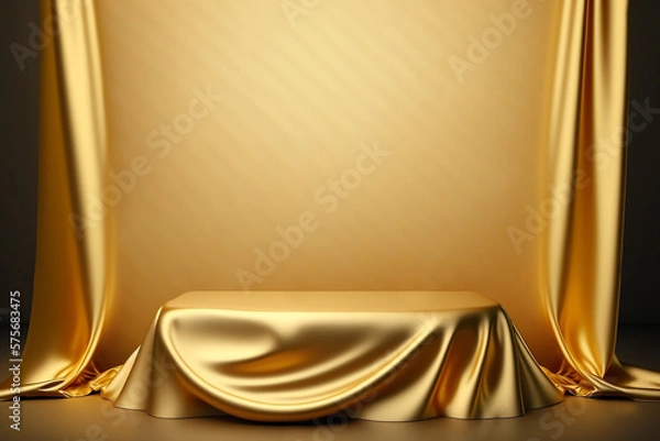 Obraz Platform or empty pedestal. Podium for product. Gold Drapery.