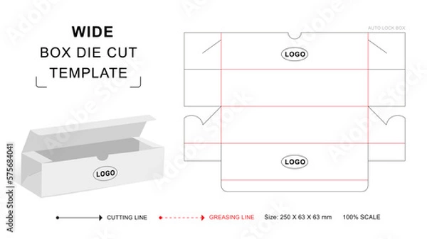 Obraz Rectangular auto lock box die cut template with 3D blank vector mockup