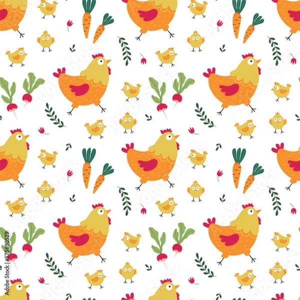 Fototapeta Vector seamless pattern with funny chickens and chicks in a rustic style. Cheerful ornament for fabric, textiles, cover and packaging