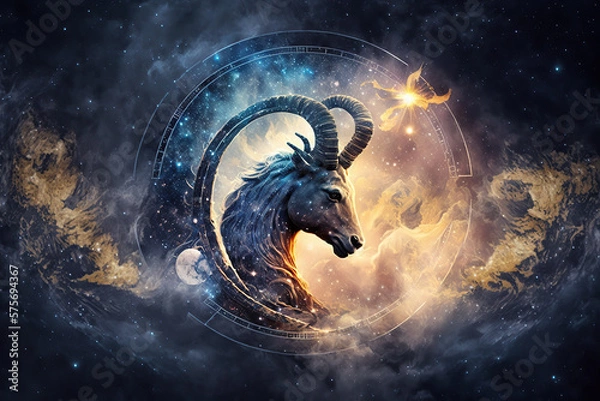 Obraz Capricorn zodiac sign against space nebula background. Astrology calendar. Esoteric horoscope and fortune telling concept, created with Generative AI