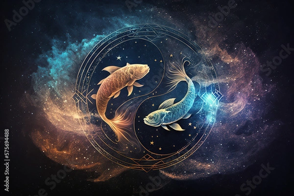 Obraz Pisces zodiac sign against space nebula background. Astrology calendar. Esoteric horoscope and fortune telling concept, created with Generative AI