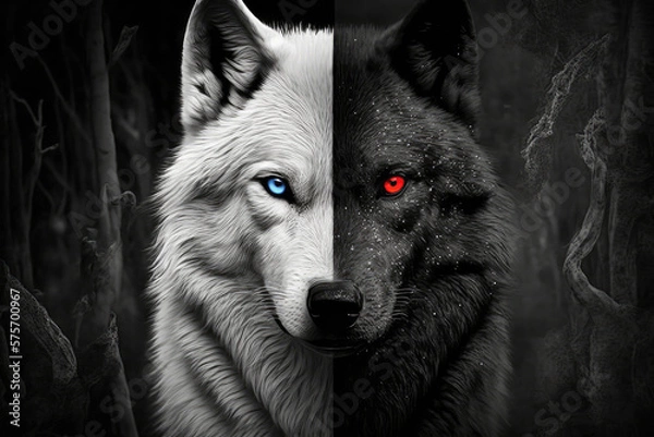 Fototapeta Wolf Head Portrait half white with blue eyes and half black with red eyes made with generative ai