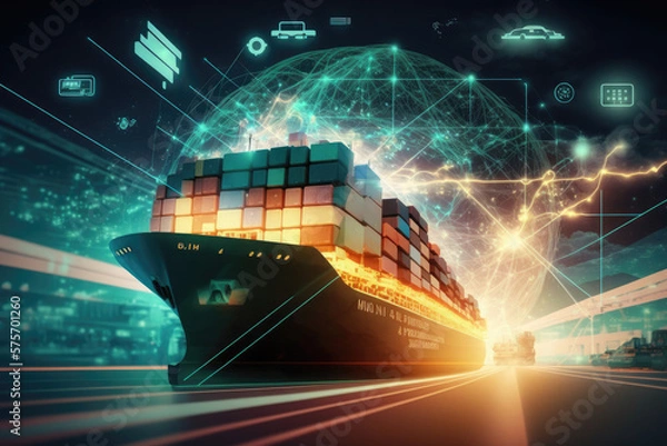 Obraz Global supply chain management, vessel shipping, transportation logistics optimization, distribution network design, demand forecasting, freight forwarding, and brokerage
