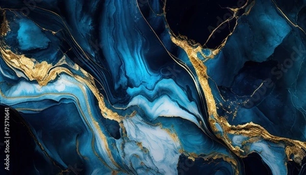 Obraz Abstract dark blue marble texture with gold splashes, blue luxury background