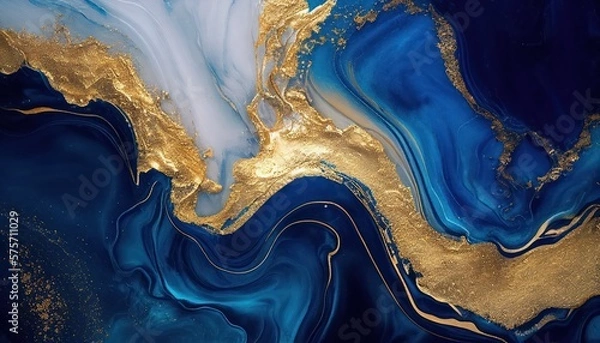 Fototapeta Abstract blue marble texture with gold splashes, blue luxury background