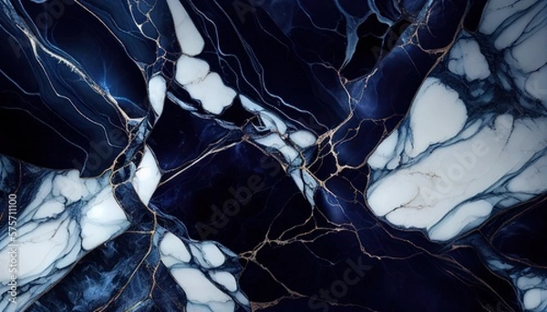 Fototapeta Abstract dark blue marble texture with silver splashes, dark blue luxury background