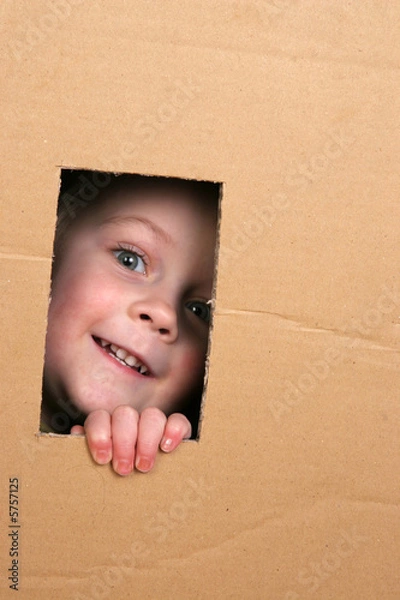 Obraz young girl looking from brown carton box
