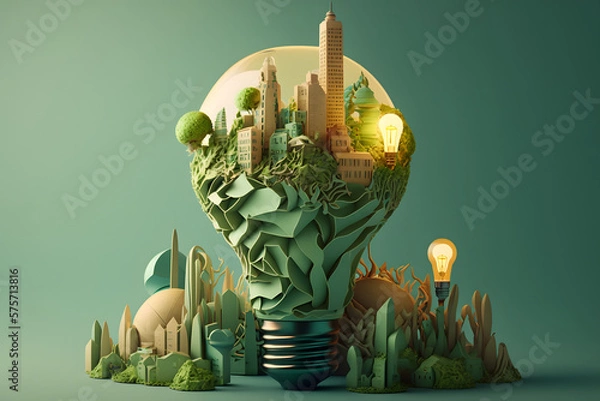 Fototapeta Light bulb ecological green paper collage city, made with Generative AI