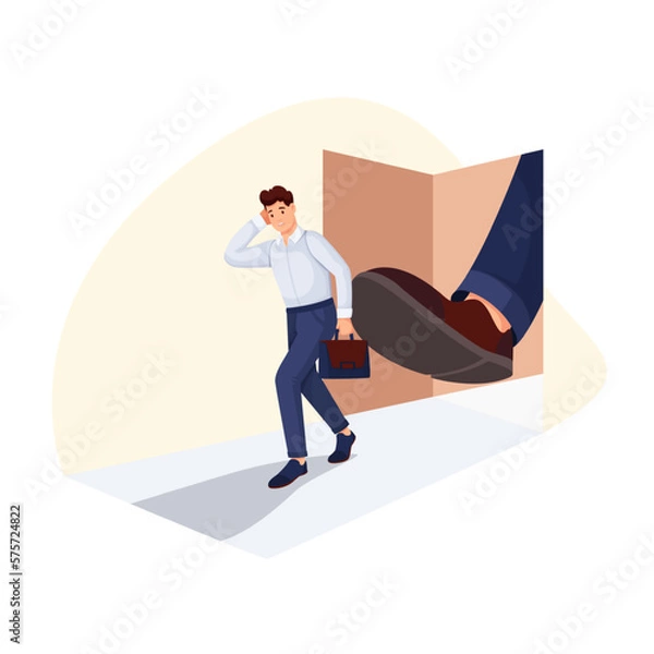 Fototapeta Boss foot kicking employee out door vector illustration. Cartoon leg of angry employer firing useless manager due to work failure, end of office career, unemployment and dismissal of unhappy man