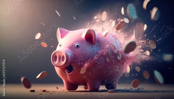 Obraz Exploding pink piggy bank with a surprised look on its face while coins are flying around