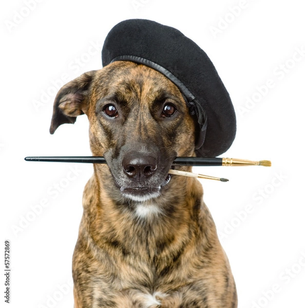 Fototapeta dog as a painter with a brush. isolated on white background