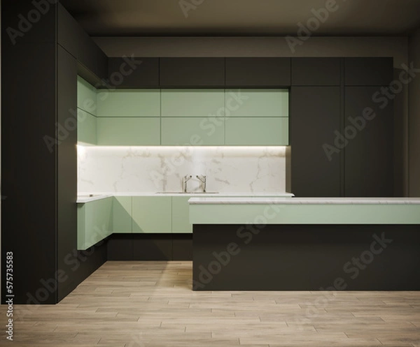 Fototapeta 3d rendering of new bright kitchen black and olive color furniture