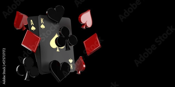 Fototapeta Luxury Ace and King playing cards and flying casino gambling symbols on black background, copy space. Online mobile applications, sportsbetting, poker, blackjack games in 3D render, clipping path.