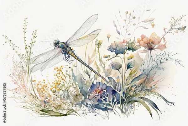 Fototapeta Beautiful dragonfly watercolor illustration made with Generative AI