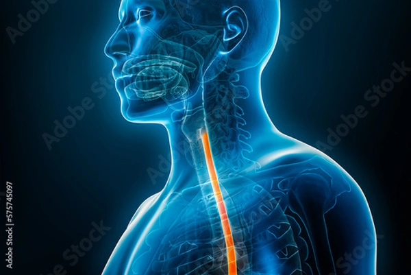 Fototapeta Esophagus or oesophagus 3D rendering illustration close-up with male body contours. Human anatomy, esophagitis, acid reflux, digestive system, medical, biology, science, medicine, healthcare concepts.