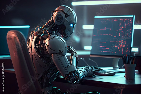 Obraz Chatbot robot typing on a laptop computer sitting at a desk. Chatbot Service.