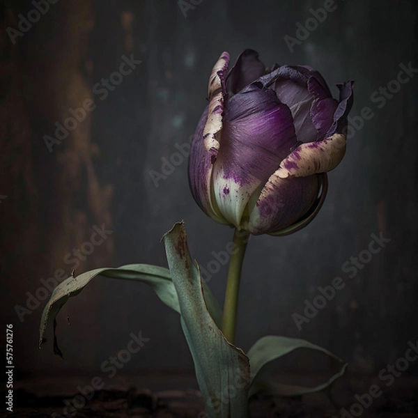 Fototapeta Dramatic Purple Tulip on dark background | Generative AI