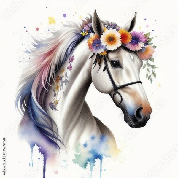 Fototapeta a close up of a horse with flowers on its head, great print, ai generated