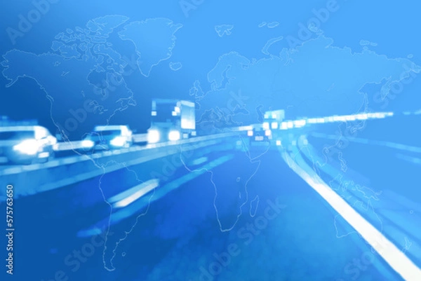 Obraz An increasing graph against a background of cars and trucks and a transparent world map