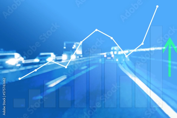 Fototapeta An increasing graph against a background of cars and trucks and a transparent world map