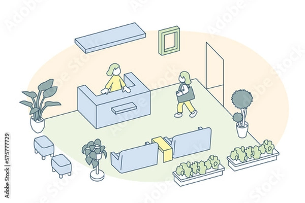 Obraz 建物の中の受付スペース。病院や企業の玄関となる空間