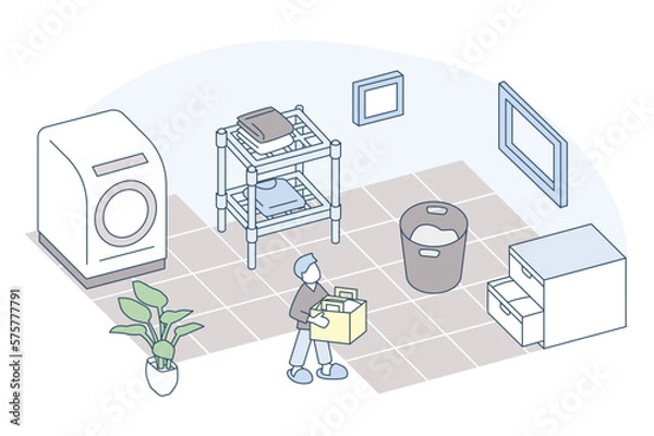 Obraz 家の中の脱衣所。洗濯器や衣類のある空間