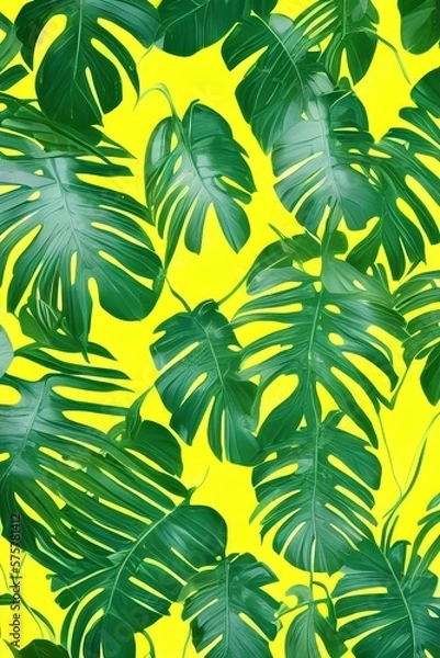 Fototapeta tropical summer background, green leaves on yellow background - generative ai