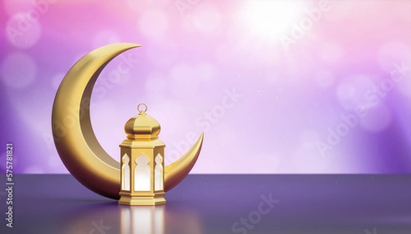 Fototapeta Ramadan Kareem. Ramadhan or Eid Mubarak greeting background. Golden Moon and lantern 3d render