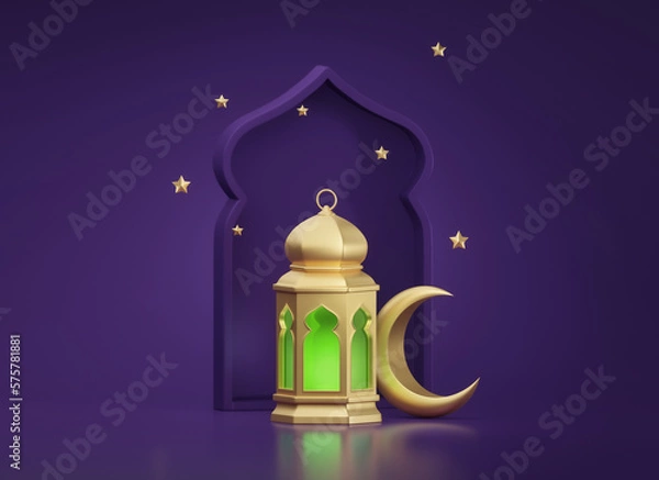 Fototapeta Ramadan Kareem. Ramadhan or Eid Mubarak greeting background. Golden Moon and lantern 3d render
